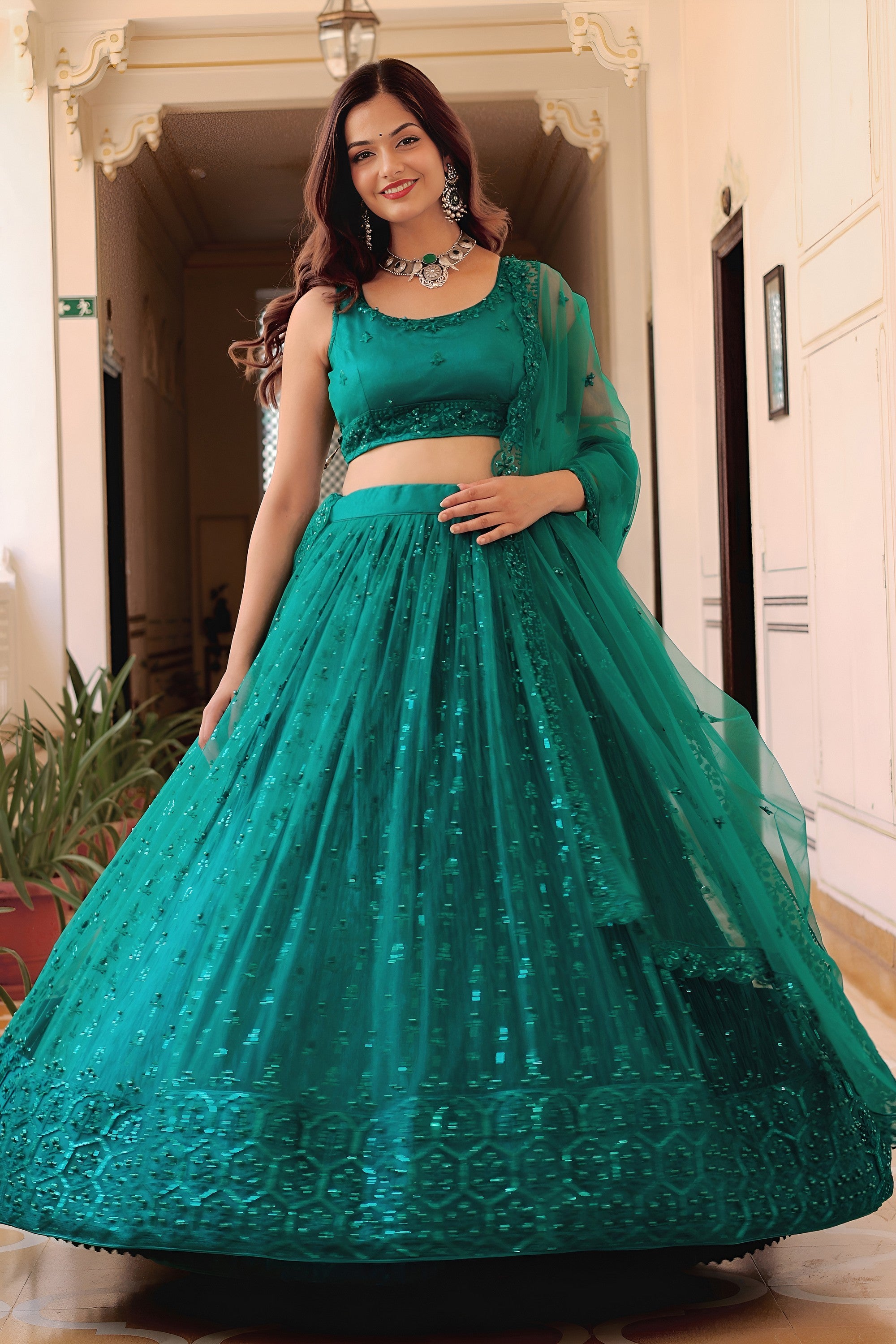 Teal Net Lehenga Choli For Indian & Pakistani Wedding Festival - Sequins & Thread Embroidery Work, Pearl Work