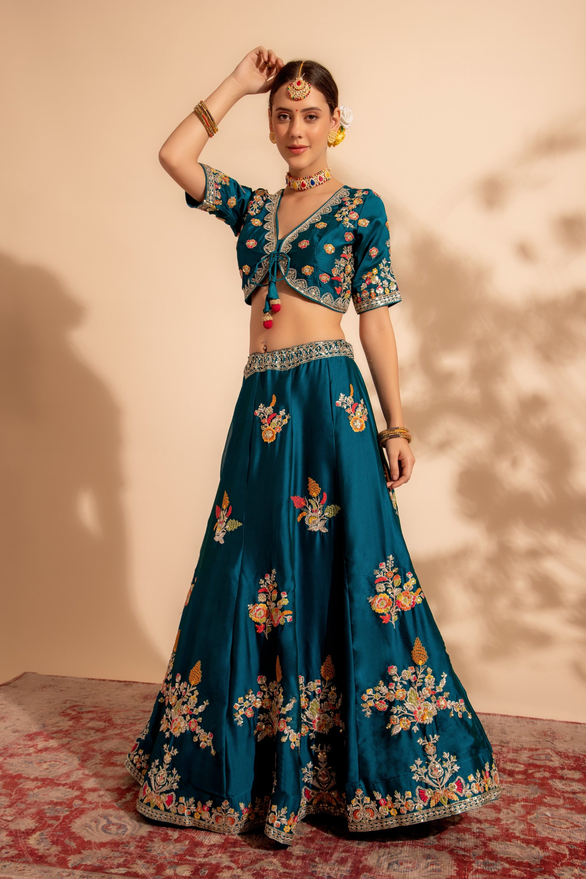 Teal Organza Lehenga Choli For Indian Festivals & Wedding - Thread Embroidery Work, Sequence Embroidery Work