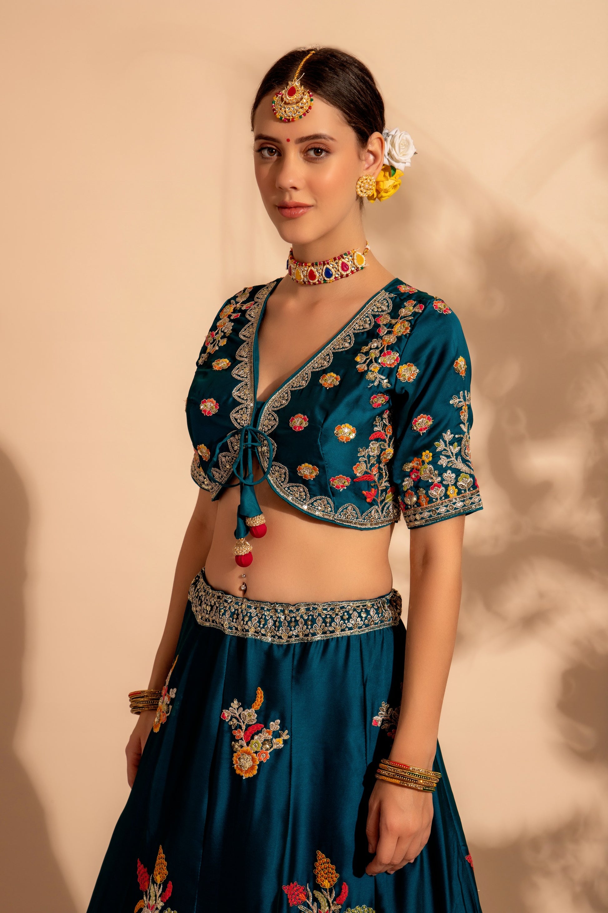 Teal Organza Lehenga Choli For Indian Festivals & Wedding - Thread Embroidery Work, Sequence Embroidery Work