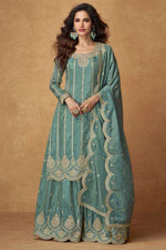 Teal Organza Simar Silk Palazzo Suit for Engagement Dresses For Women - Embroidery Work