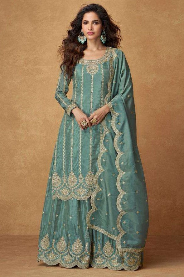 Teal Organza Simar Silk Palazzo Suit For Indian & Pakistani Wedding Festival - Embroidery Work