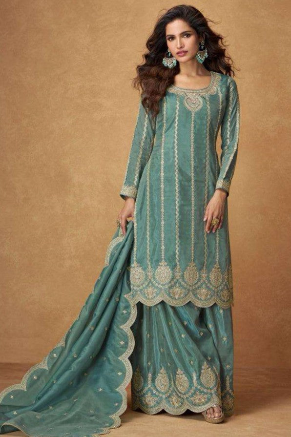 Teal Organza Simar Silk Palazzo Suit For Indian & Pakistani Wedding Festival - Embroidery Work