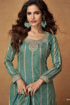 Teal Organza Simar Silk Palazzo Suit For Indian & Pakistani Wedding Festival - Embroidery Work
