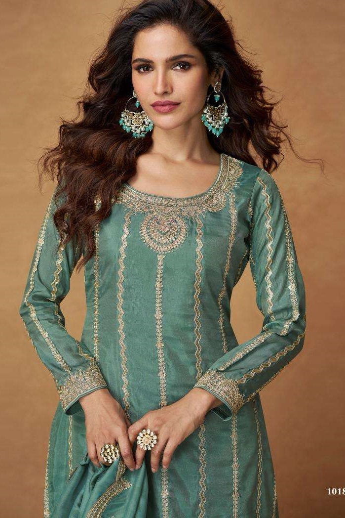Teal Organza Simar Silk Palazzo Suit For Indian & Pakistani Wedding Festival - Embroidery Work