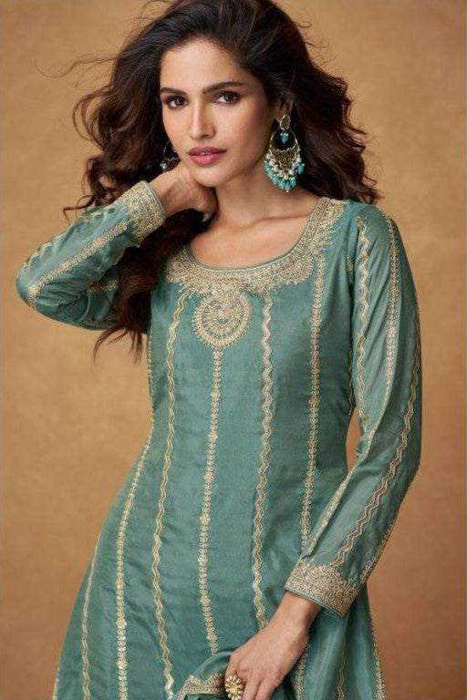 Teal Organza Simar Silk Palazzo Suit For Indian & Pakistani Wedding Festival - Embroidery Work