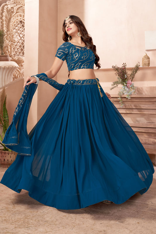 Teal Pakistani Georgette Lehenga Choli For Indian Festivals & Weddings - Sequence Embroidery Work,