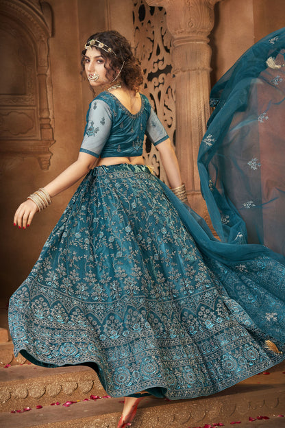 Teal Pakistani Net Lehenga Choli For Indian Festivals & Weddings - Sequence Embroidery Work, Thread Embroidery Work,
