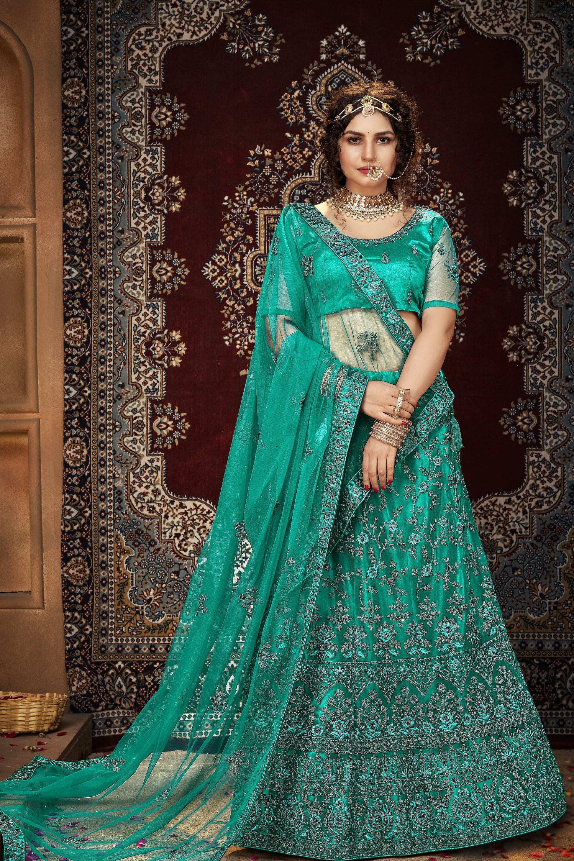 Teal Pakistani Net Lehenga Choli For Indian Festivals & Weddings - Sequence Embroidery Work, Thread Embroidery Work,
