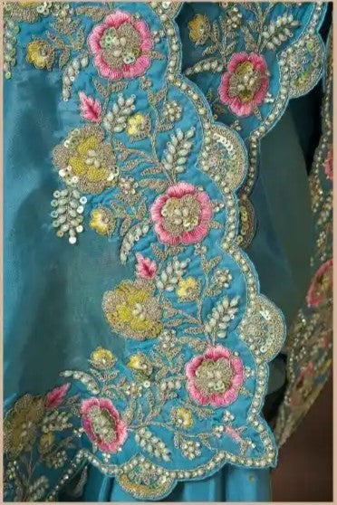 Teal Pearl Handwork Saree for Wedding Guest in Slub Silk with Thread Work