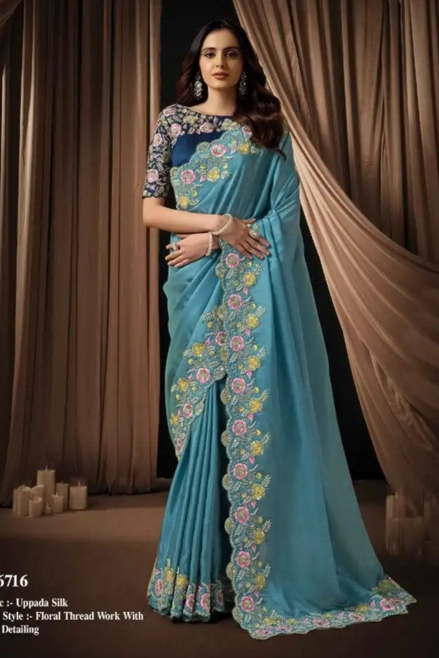 Teal Pearl Handwork Saree for Wedding Guest in Slub Silk with Thread Work