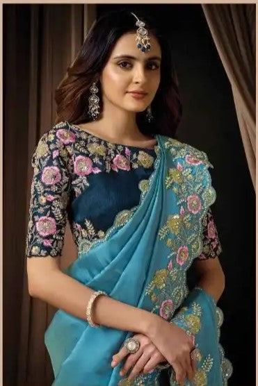 Teal Pearl Handwork Saree for Wedding Guest in Slub Silk with Thread Work