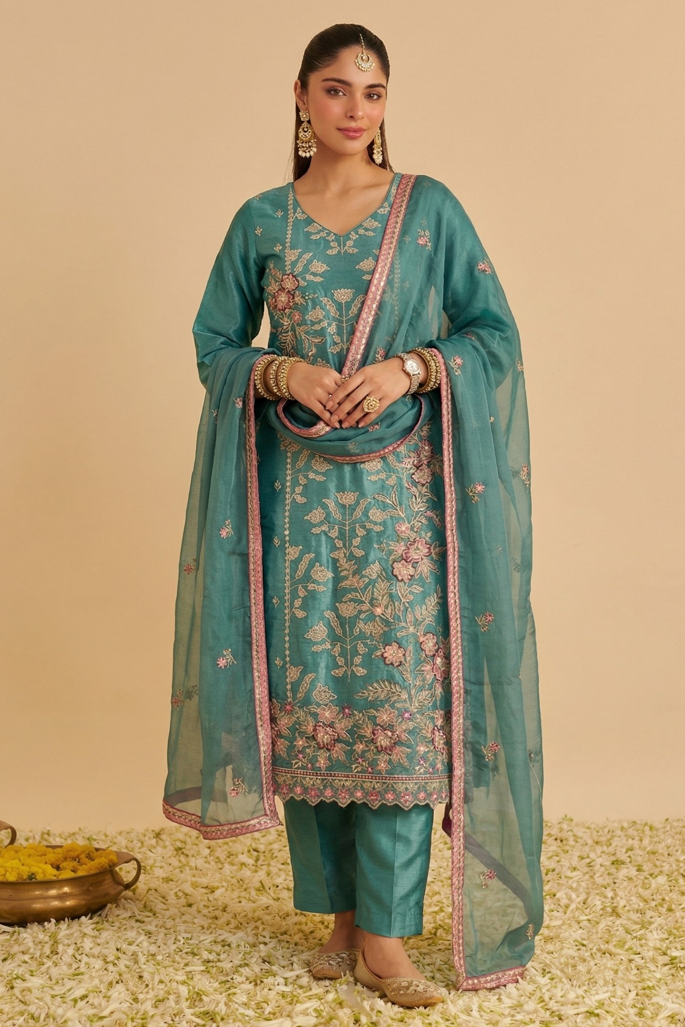 Rama Shimmer Silk Women's Straight Pant Suit with Embroidery Work