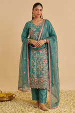 Teal Shimmer Silk Women's Straight Pant Suit with Embroidery Work