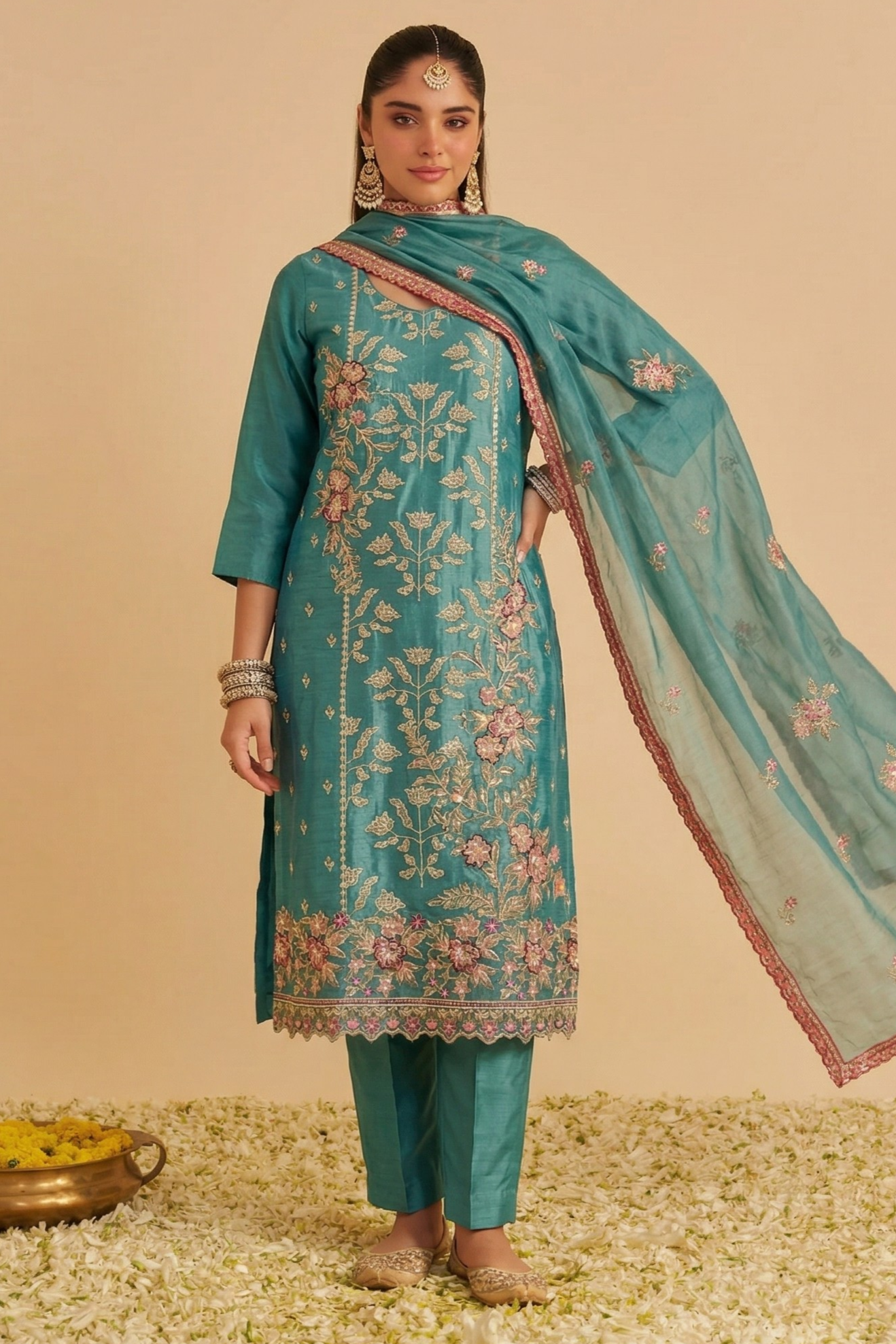 Rama Shimmer Silk Women's Straight Pant Suit with Embroidery Work