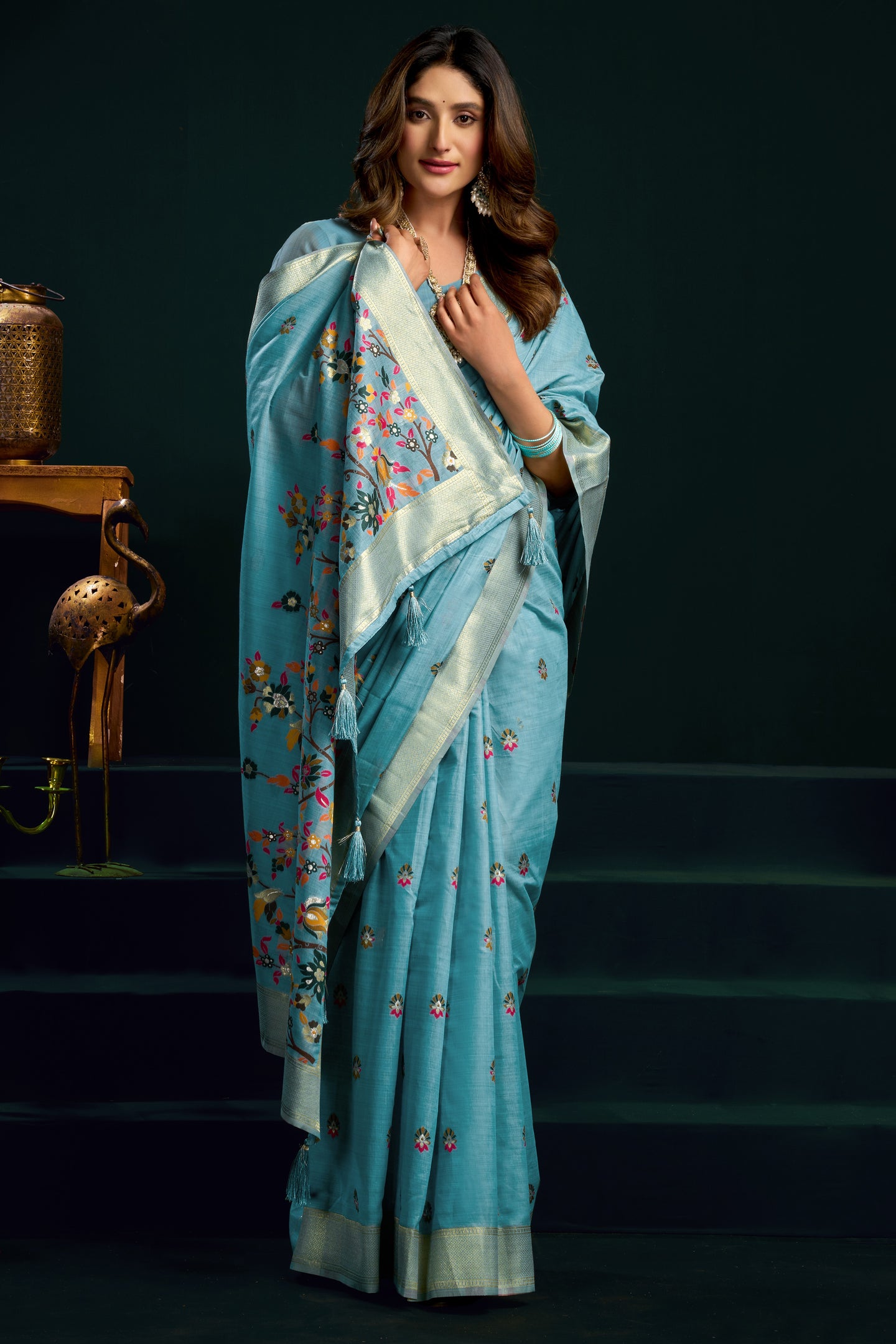Teal Silk Cotton Meenakari Work Saree with Stitched Blouse & Petticoat