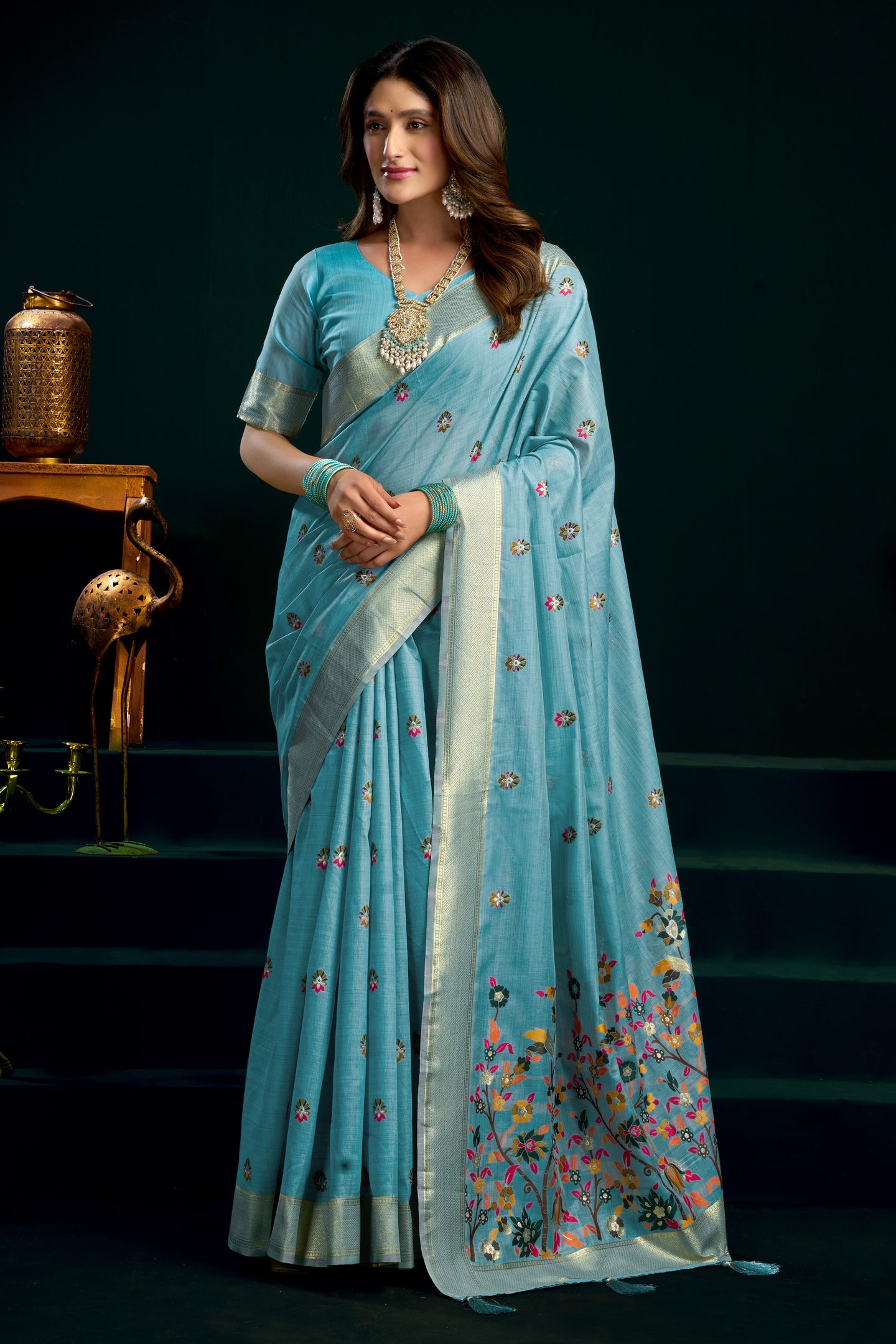Teal Silk Cotton Meenakari Work Saree with Stitched Blouse & Petticoat