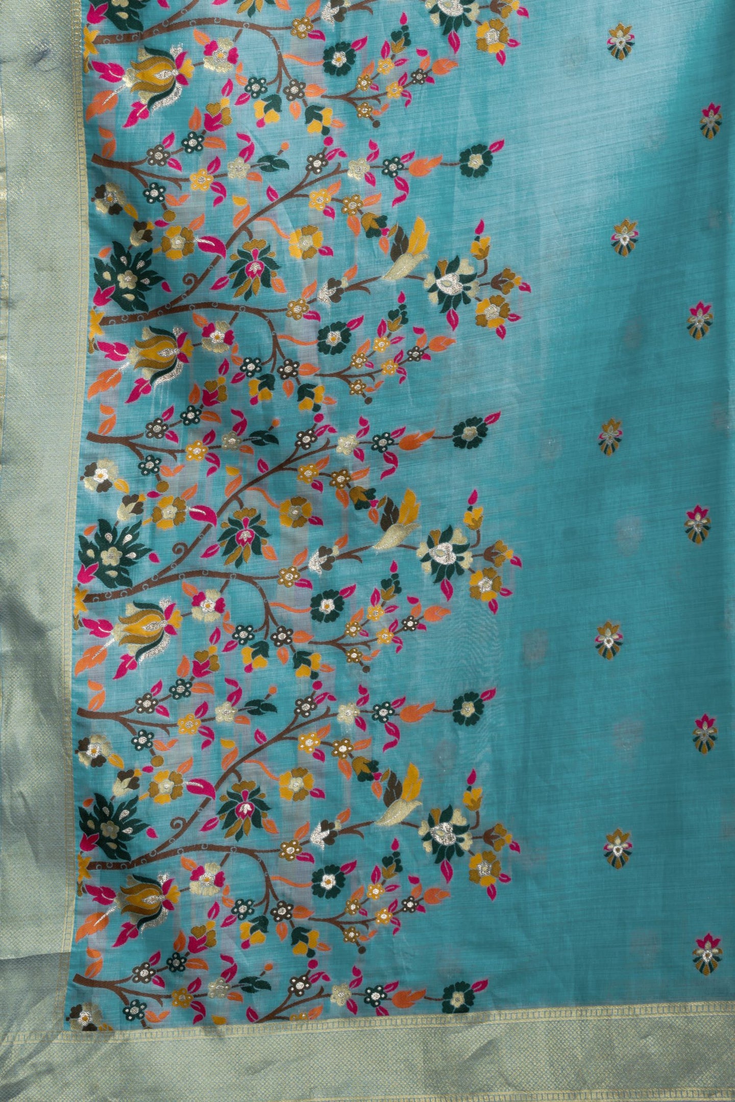 Teal Silk Cotton Meenakari Work Saree with Stitched Blouse & Petticoat