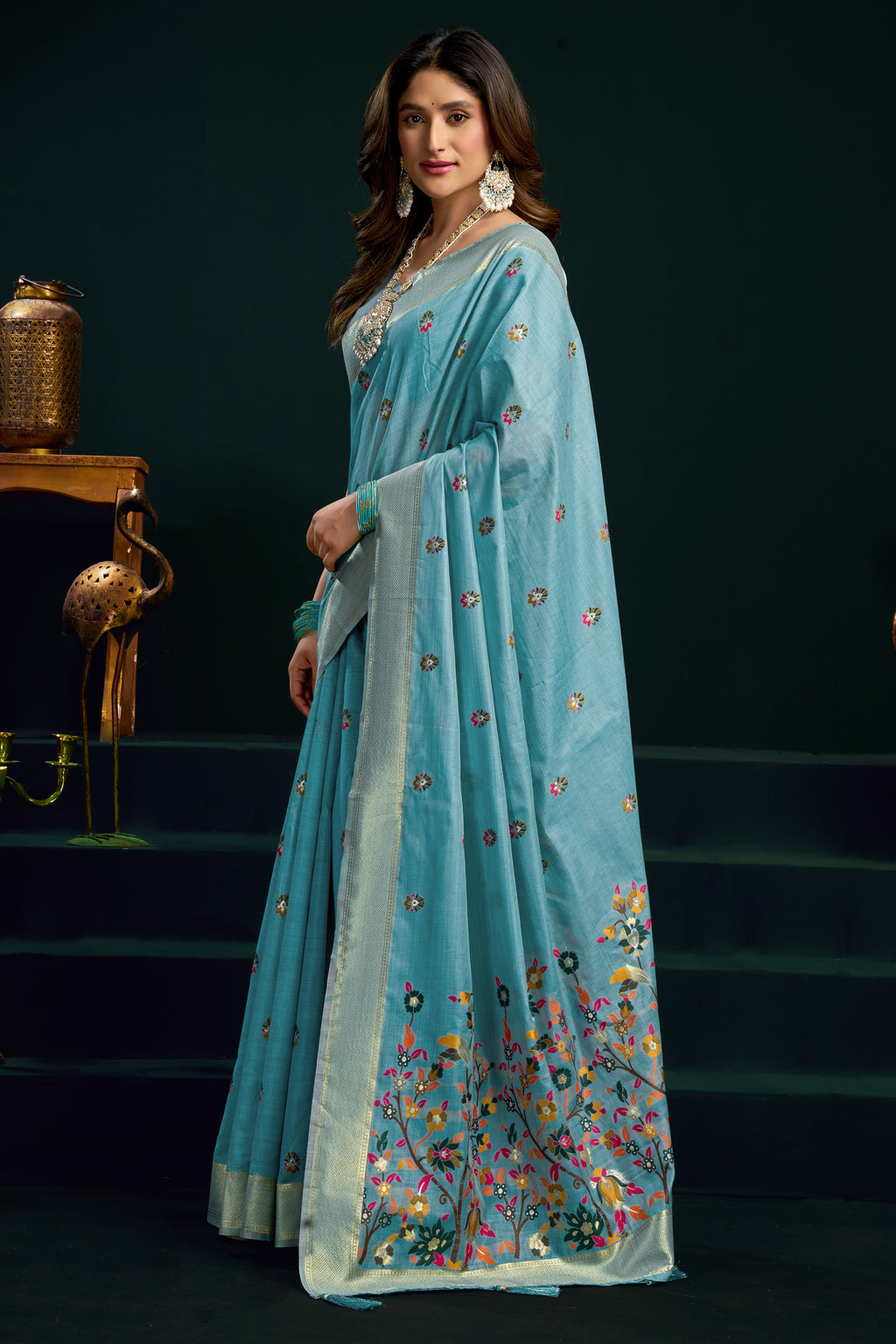 Teal Silk Cotton Meenakari Work Saree with Stitched Blouse & Petticoat