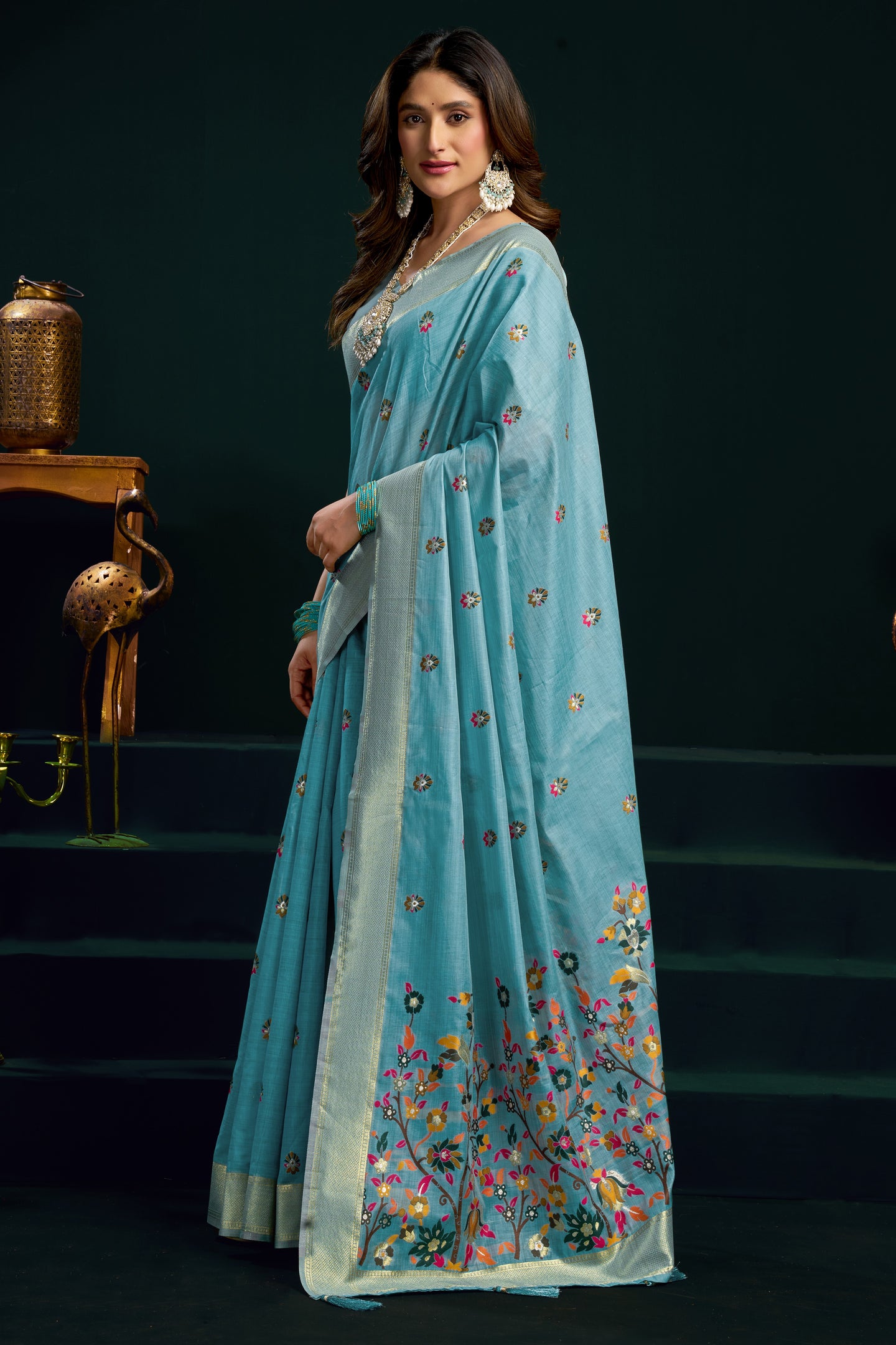Teal Silk Cotton Meenakari Work Saree with Stitched Blouse & Petticoat