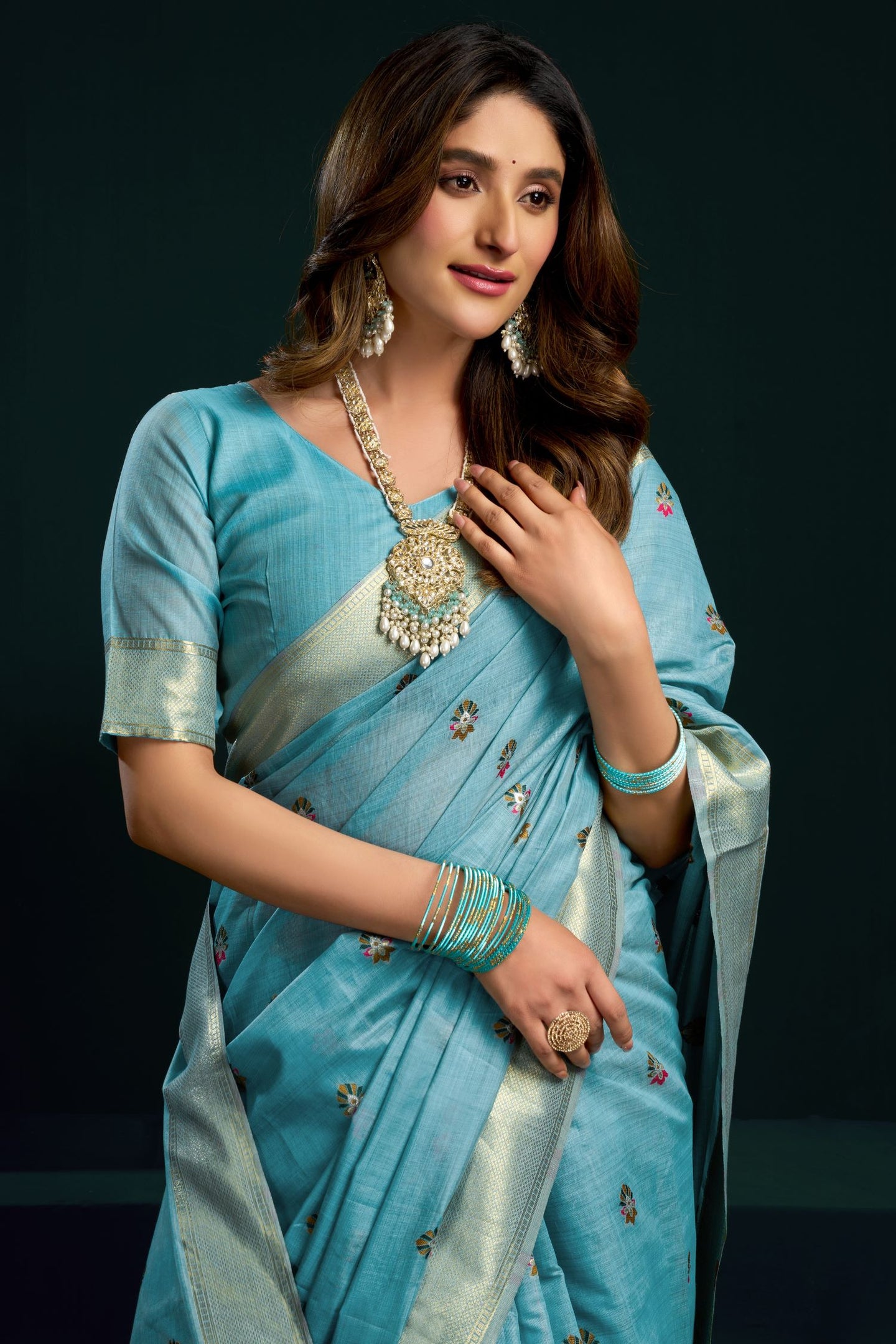 Teal Silk Cotton Meenakari Work Saree with Stitched Blouse & Petticoat