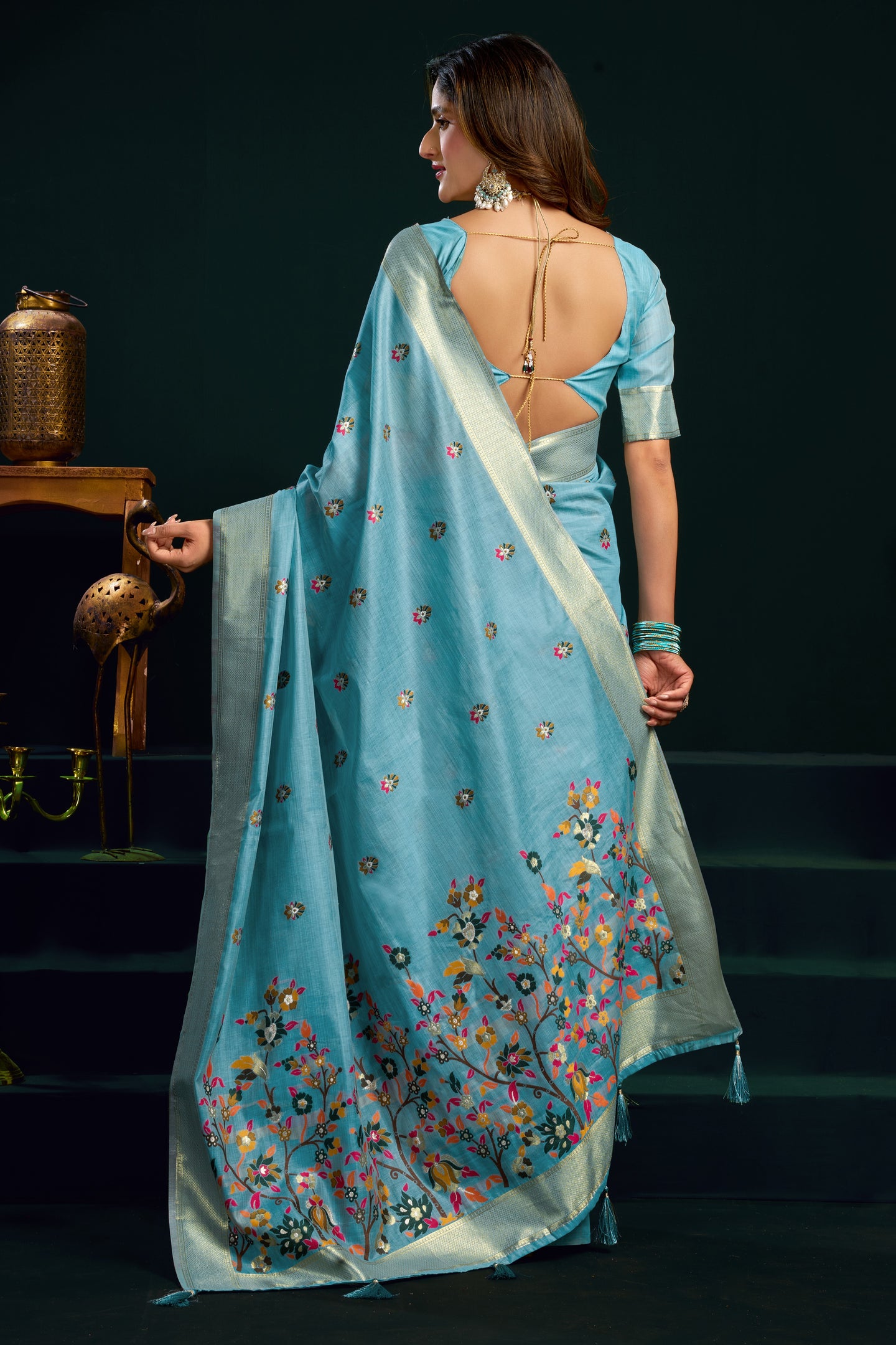 Teal Silk Cotton Meenakari Work Saree with Stitched Blouse & Petticoat