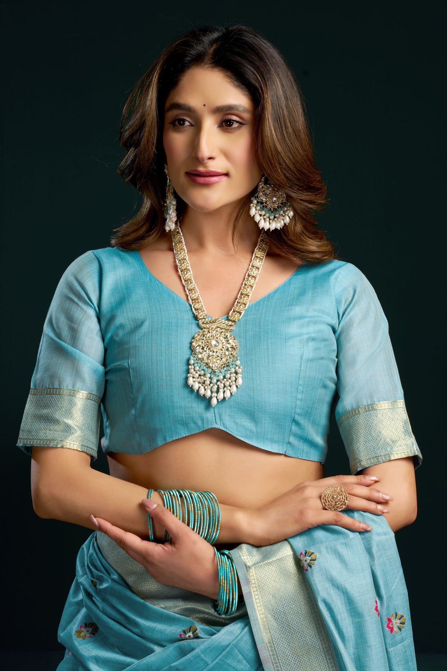 Teal Silk Cotton Meenakari Work Saree with Stitched Blouse & Petticoat