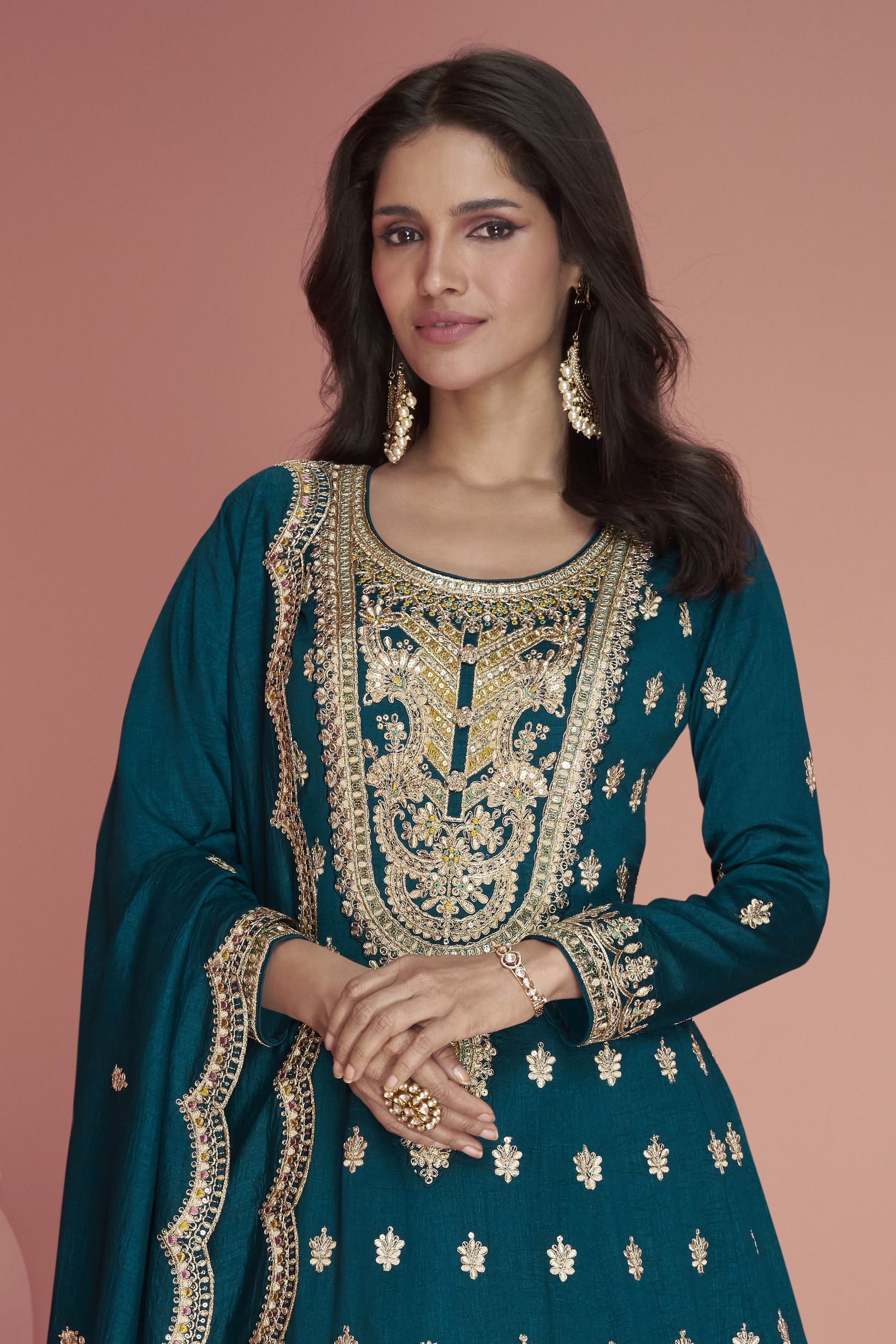 Teal Silk Plazzo Suit For Indian Festivals & Weddings - Thread Embroidery Work