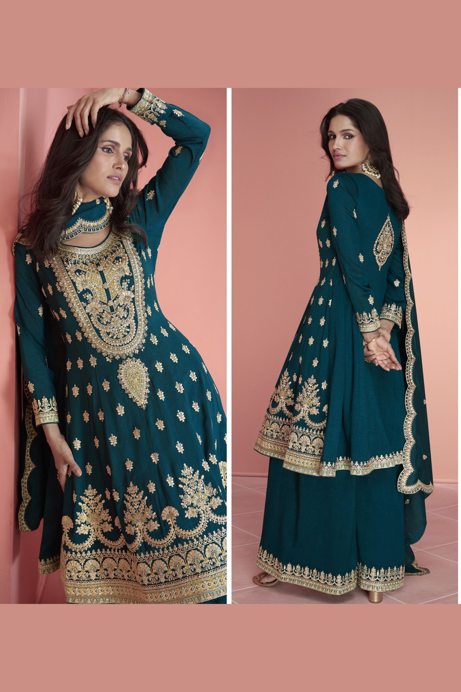 Teal Silk Plazzo Suit For Indian Festivals & Weddings - Thread Embroidery Work