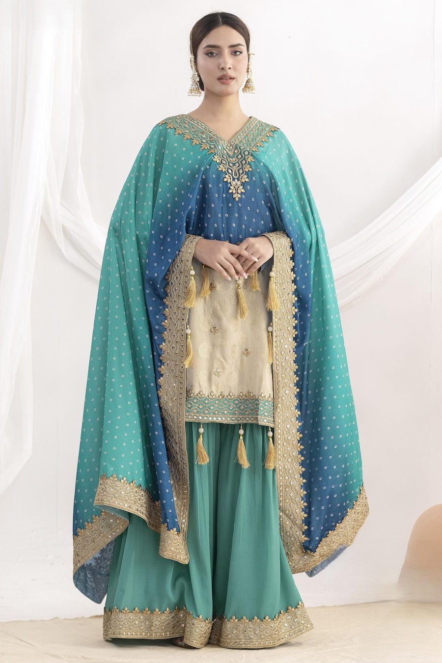 Teal Simmer Jacquad Silk Kameez With Attech Kaftan With Sharara For Indian & Pakistani Wedding Festival - Sequins & Thread Embroidery Work, Print Work