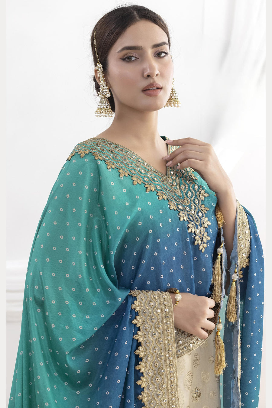 Teal Simmer Jacquad Silk Kameez With Attech Kaftan With Sharara For Indian & Pakistani Wedding Festival - Sequins & Thread Embroidery Work, Print Work