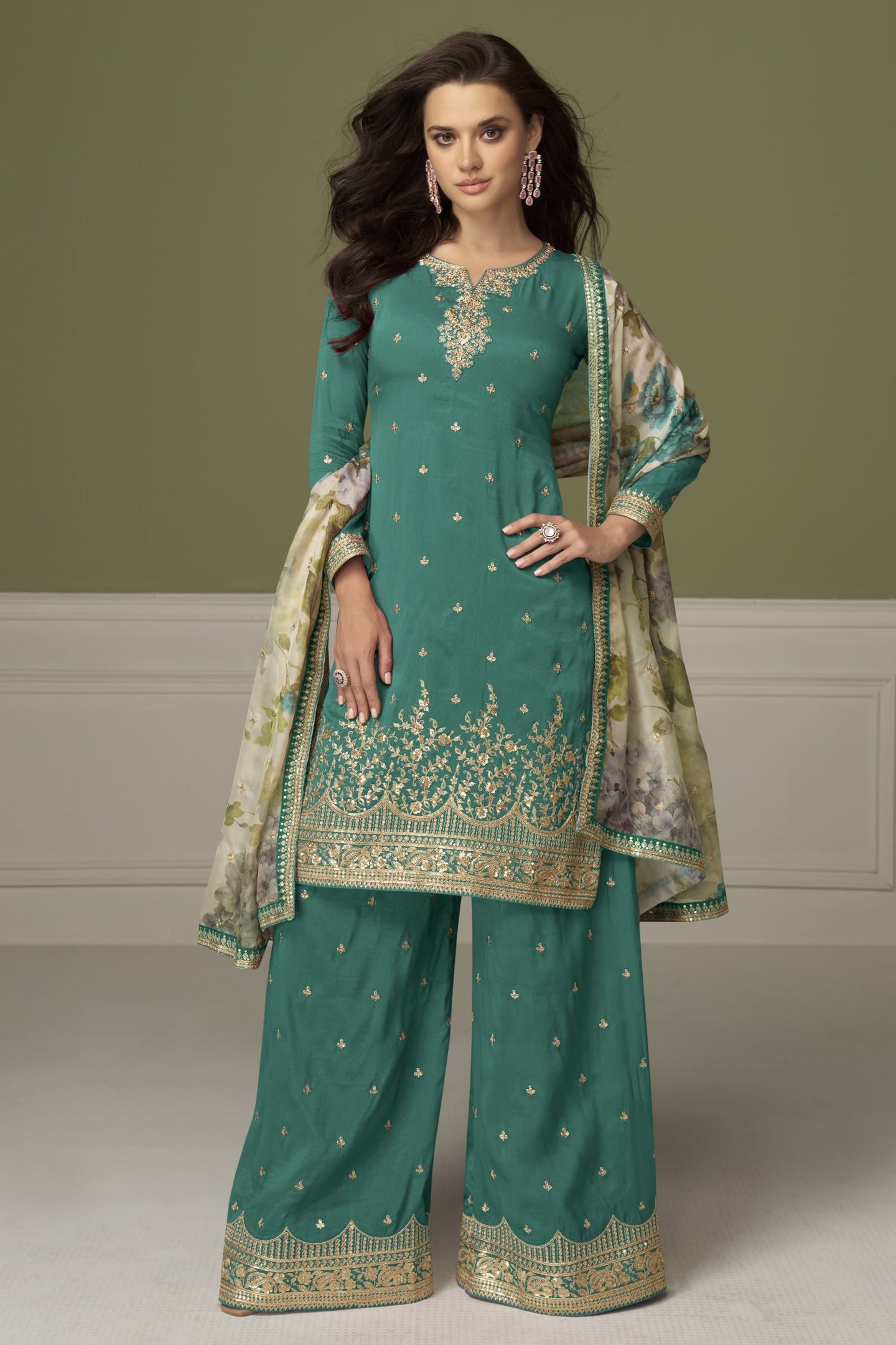 Teal Simmer Silk Indian Palazzo Suits with Sequins & Thread Work