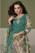 Teal Simmer Silk Indian Palazzo Suits with Sequins & Thread Work