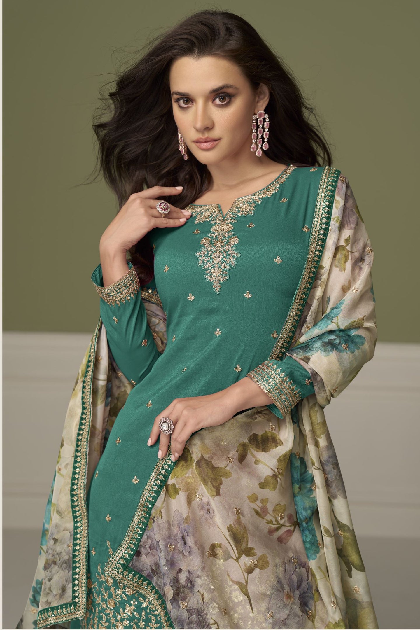 Teal Simmer Silk Indian Palazzo Suits with Sequins & Thread Work