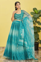 Teal Slub Silk Lehenga Choli For Indian & Pakistani Wedding Festival - Sequins & Thread Embroidery Work, Zari Work, Print Work, Real Mirror Work