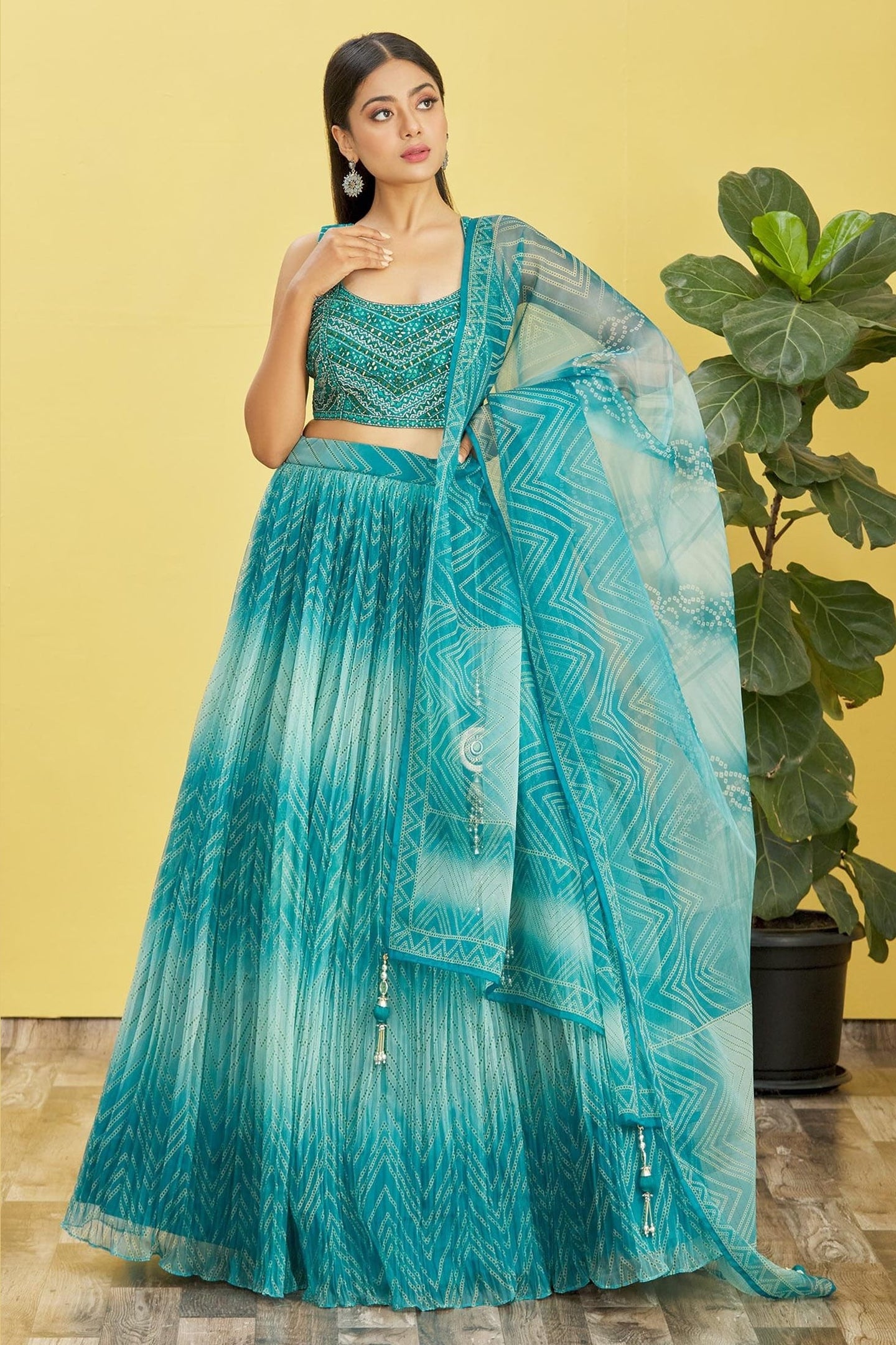 Teal Slub Silk Lehenga Choli For Indian & Pakistani Wedding Festival - Sequins & Thread Embroidery Work, Zari Work, Print Work, Real Mirror Work