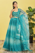 Teal Slub Silk Lehenga Choli For Indian & Pakistani Wedding Festival - Sequins & Thread Embroidery Work, Zari Work, Print Work, Real Mirror Work