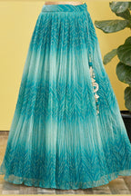 Teal Slub Silk Lehenga Choli For Indian & Pakistani Wedding Festival - Sequins & Thread Embroidery Work, Zari Work, Print Work, Real Mirror Work