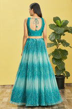 Teal Slub Silk Lehenga Choli For Indian & Pakistani Wedding Festival - Sequins & Thread Embroidery Work, Zari Work, Print Work, Real Mirror Work