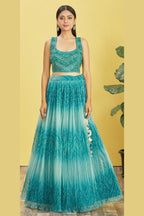 Teal Slub Silk Lehenga Choli For Indian & Pakistani Wedding Festival - Sequins & Thread Embroidery Work, Zari Work, Print Work, Real Mirror Work