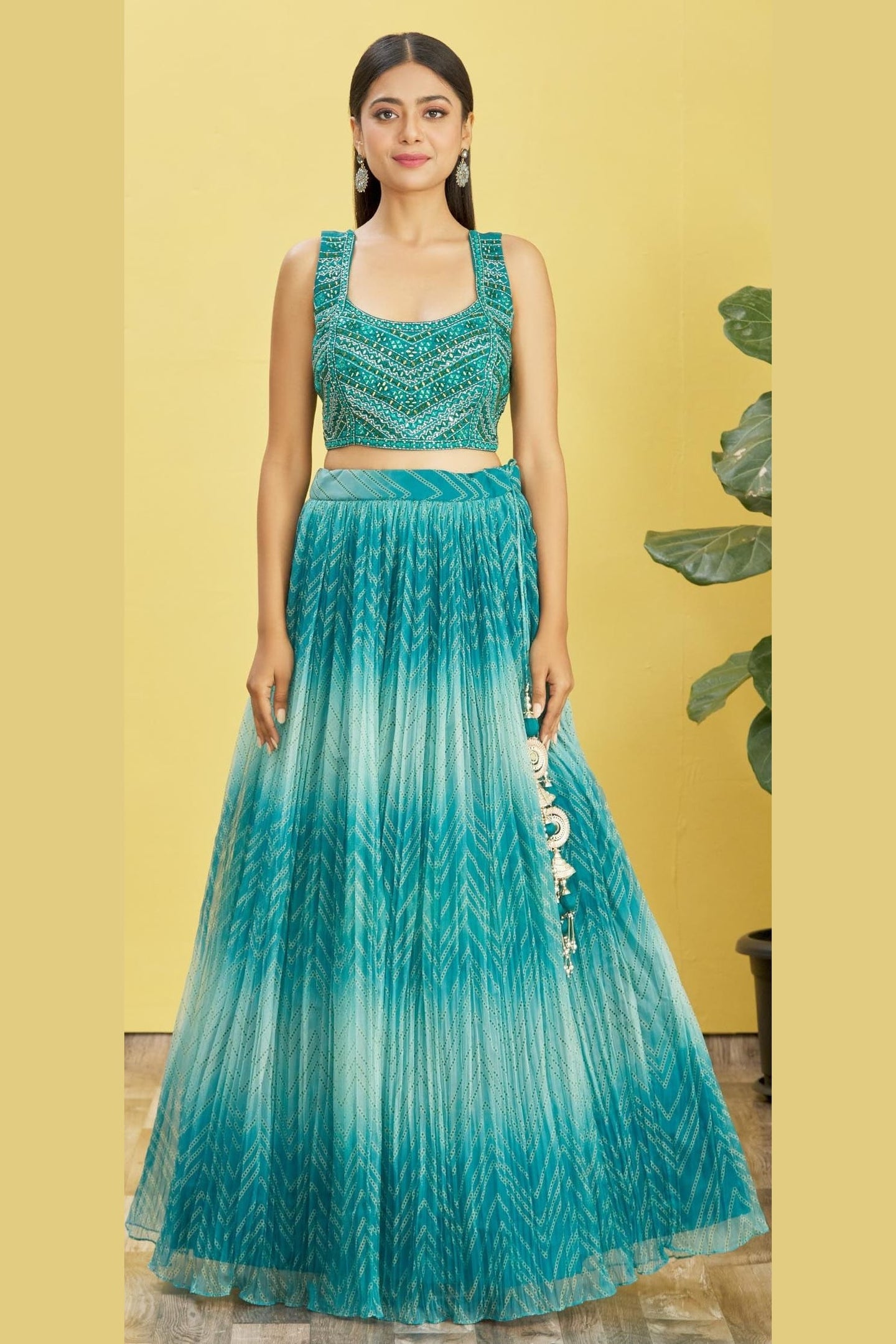 Teal Slub Silk Lehenga Choli For Indian & Pakistani Wedding Festival - Sequins & Thread Embroidery Work, Zari Work, Print Work, Real Mirror Work