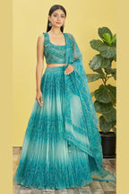 Teal Slub Silk Lehenga Choli For Indian & Pakistani Wedding Festival - Sequins & Thread Embroidery Work, Zari Work, Print Work, Real Mirror Work