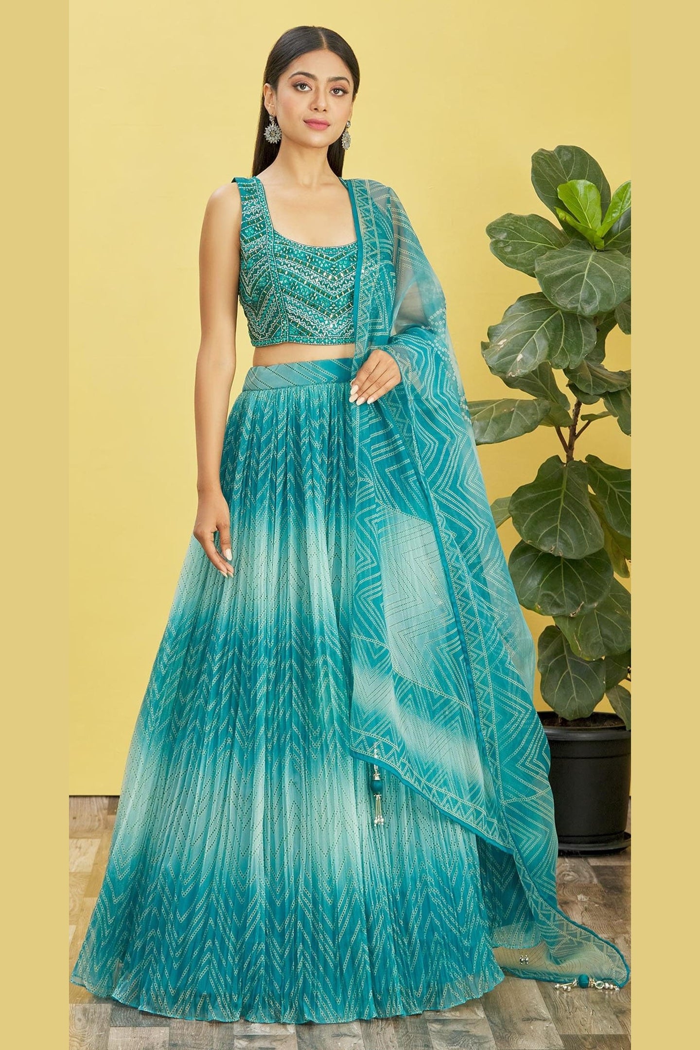 Teal Slub Silk Lehenga Choli For Indian & Pakistani Wedding Festival - Sequins & Thread Embroidery Work, Zari Work, Print Work, Real Mirror Work