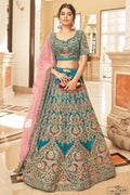 Teal Velvet Lehenga Choli For Indian & Pakistani Wedding Festival - Sequins & Thread Embroidery Work, Dori Work, Zari Work