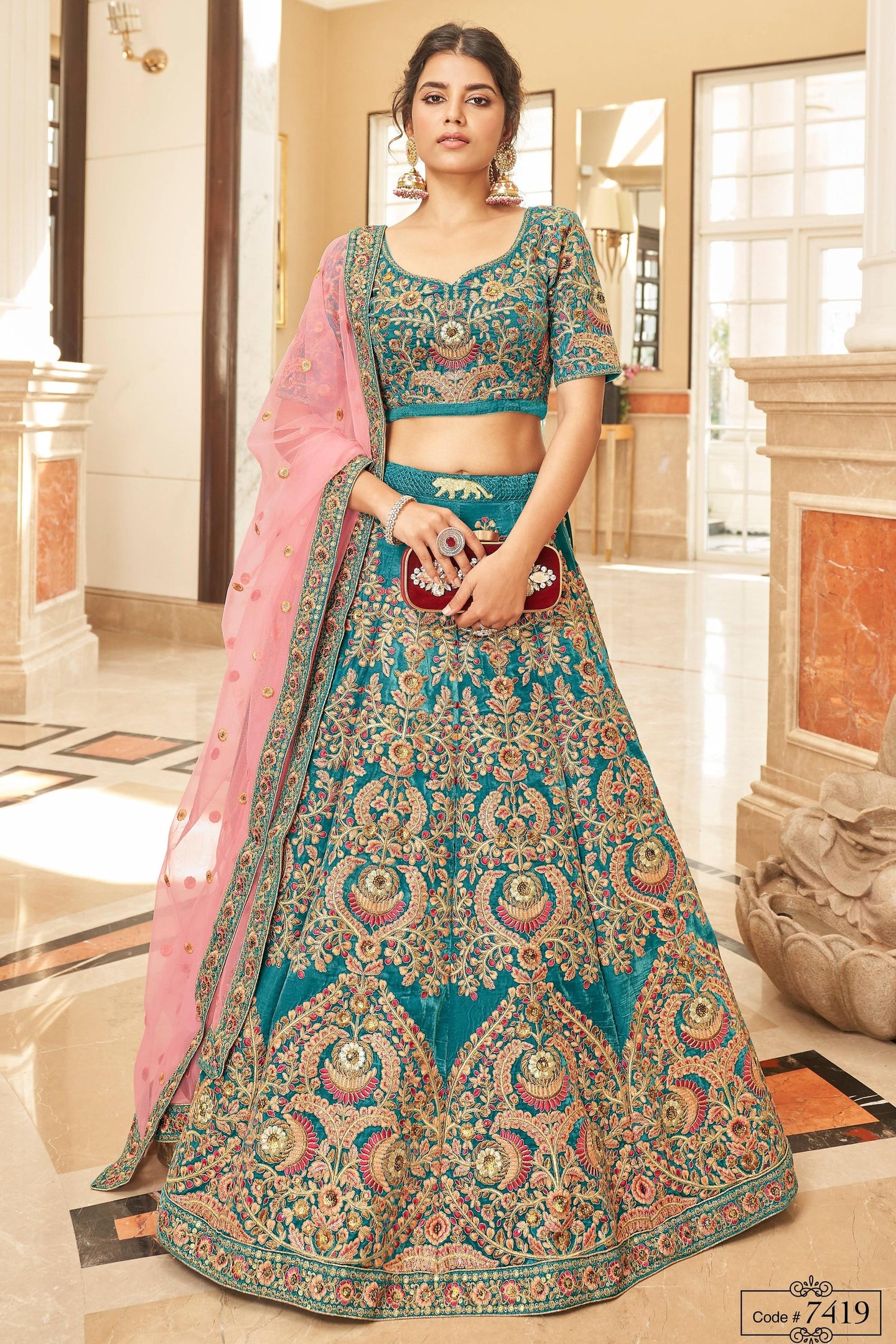Teal Velvet Lehenga Choli For Indian & Pakistani Wedding Festival - Sequins & Thread Embroidery Work, Dori Work, Zari Work