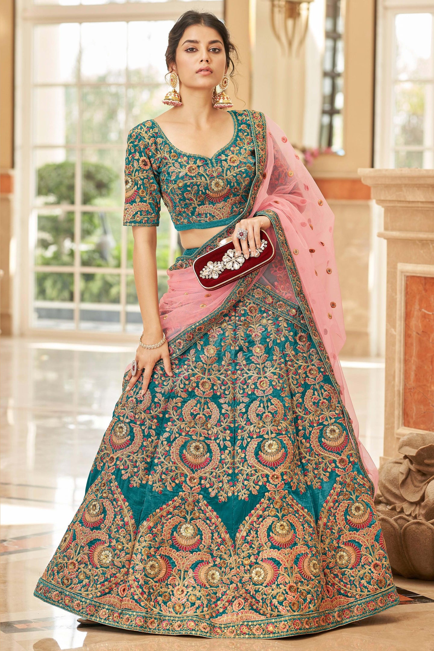 Teal Velvet Lehenga Choli For Indian & Pakistani Wedding Festival - Sequins & Thread Embroidery Work, Dori Work, Zari Work