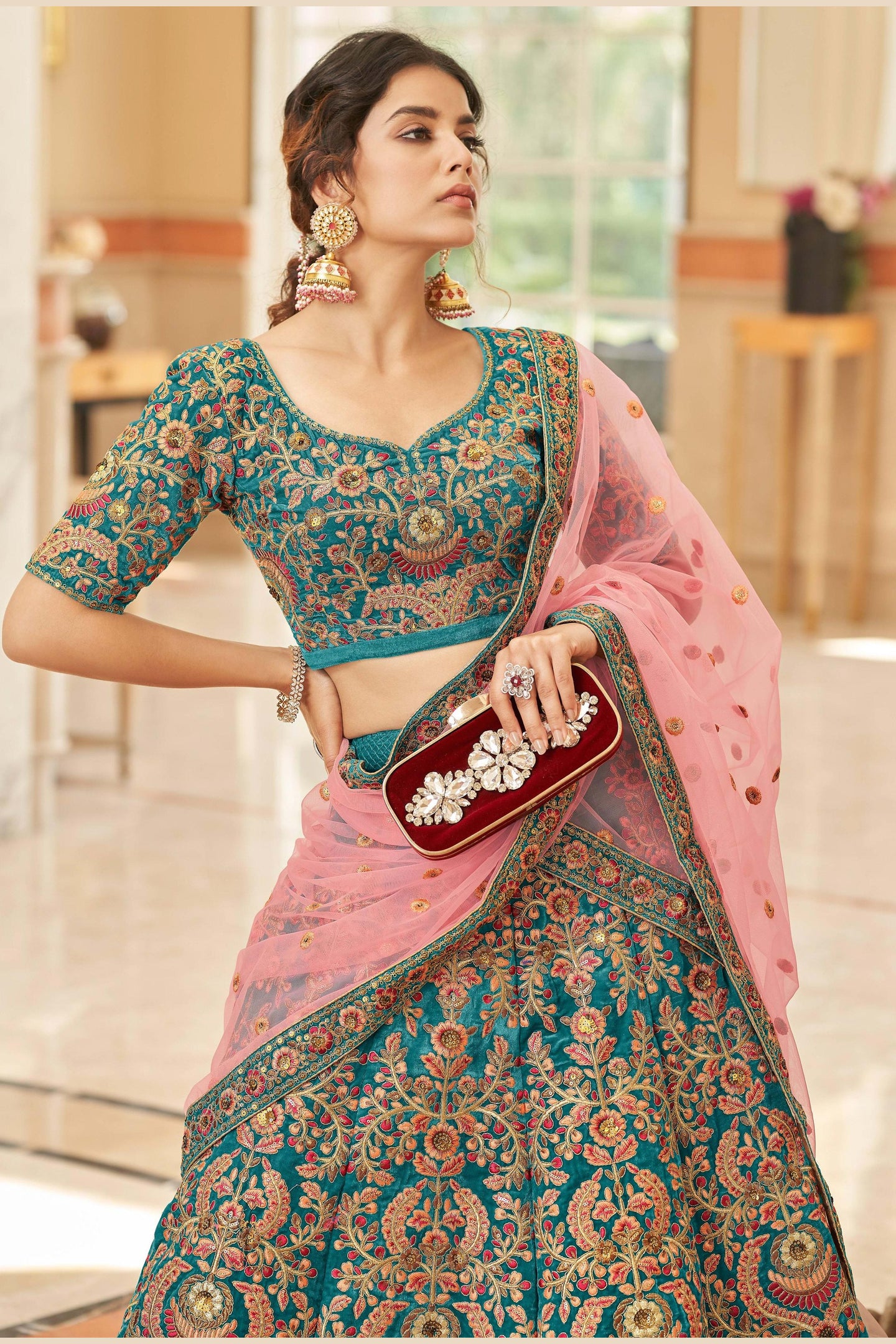 Teal Velvet Lehenga Choli For Indian & Pakistani Wedding Festival - Sequins & Thread Embroidery Work, Dori Work, Zari Work