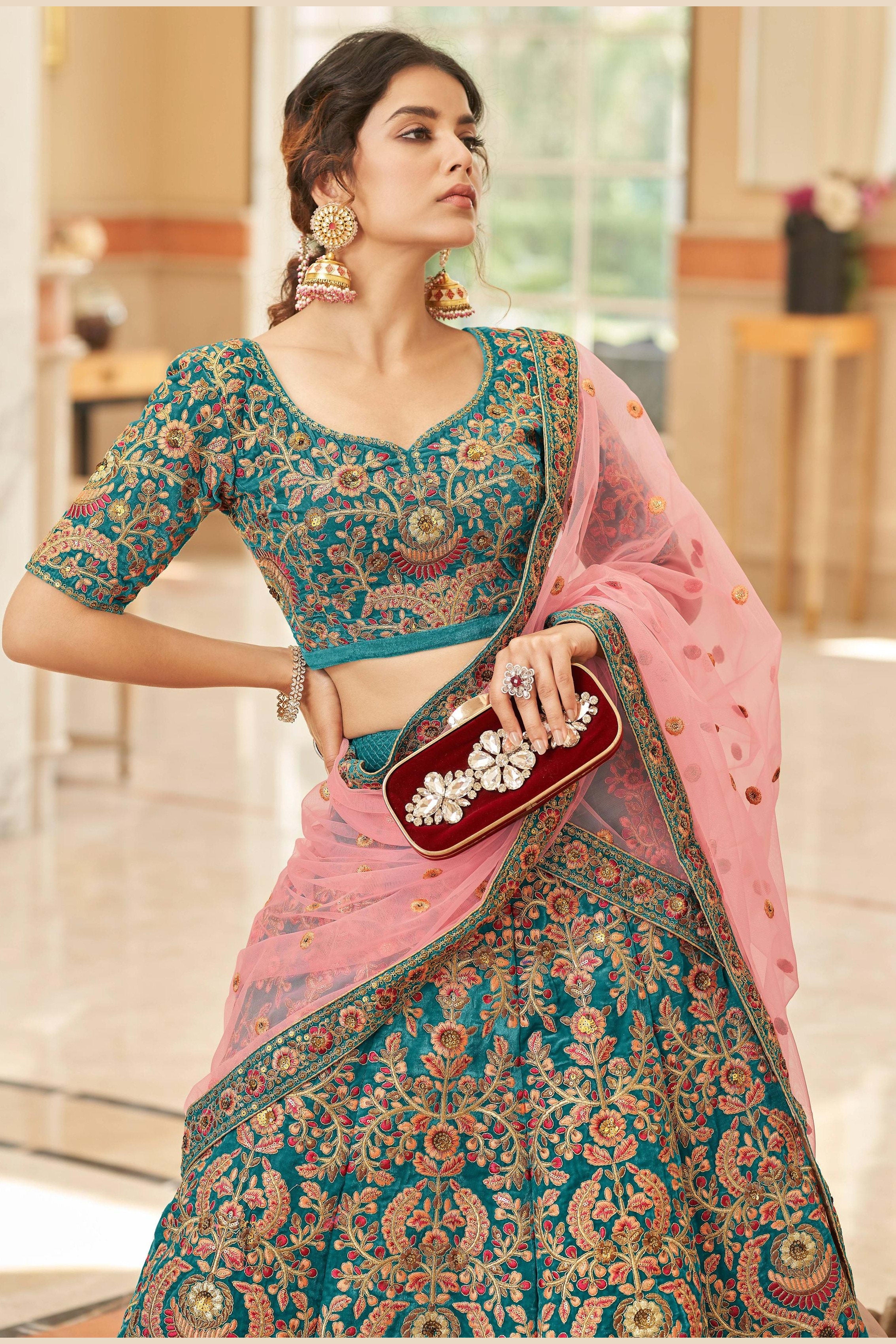 Teal Velvet Lehenga Choli For Indian & Pakistani Wedding Festival - Sequins & Thread Embroidery Work, Dori Work, Zari Work