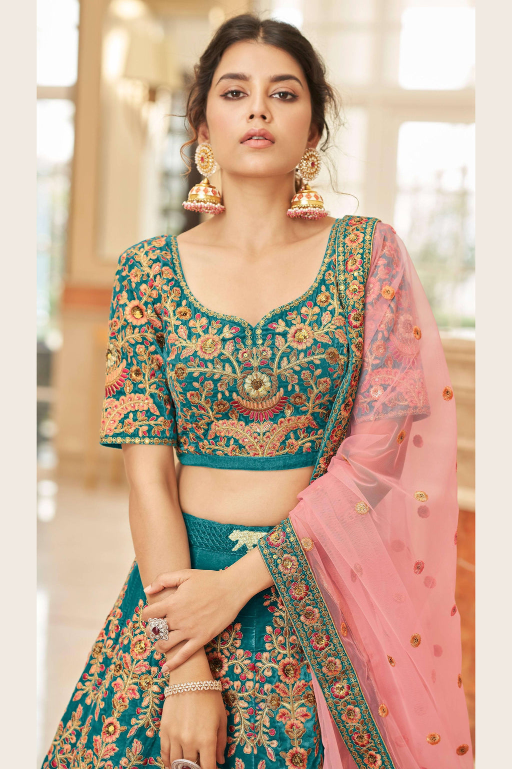 Teal Velvet Lehenga Choli For Indian & Pakistani Wedding Festival - Sequins & Thread Embroidery Work, Dori Work, Zari Work