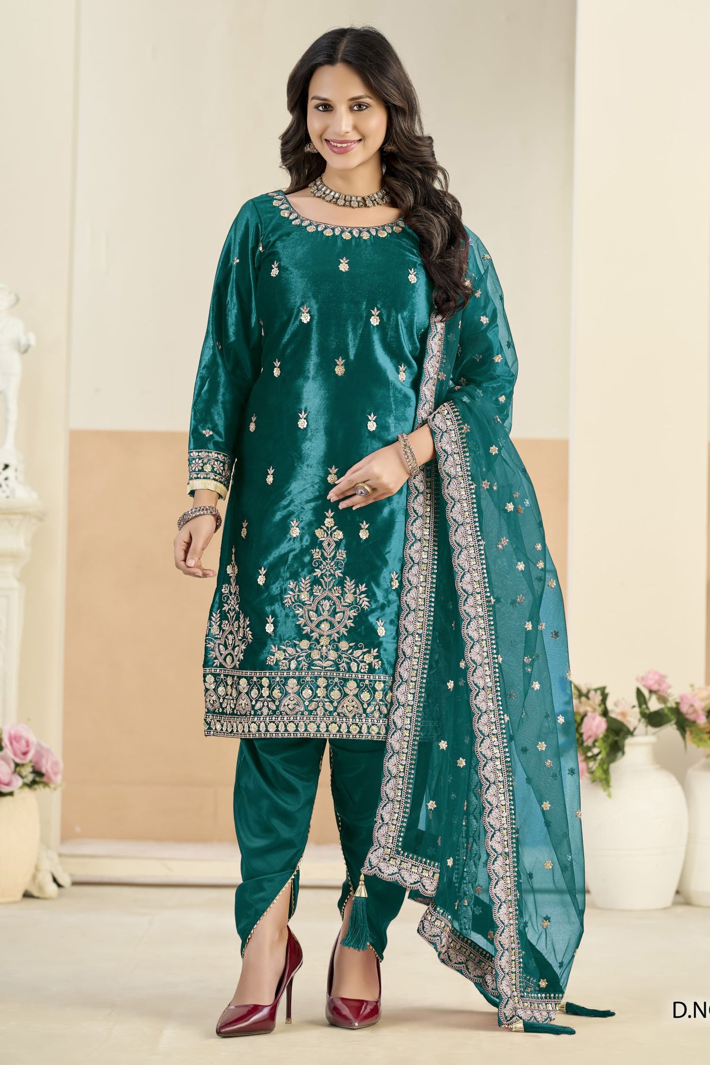 Teal Velvet Suit Women with Zari and Sequins Work