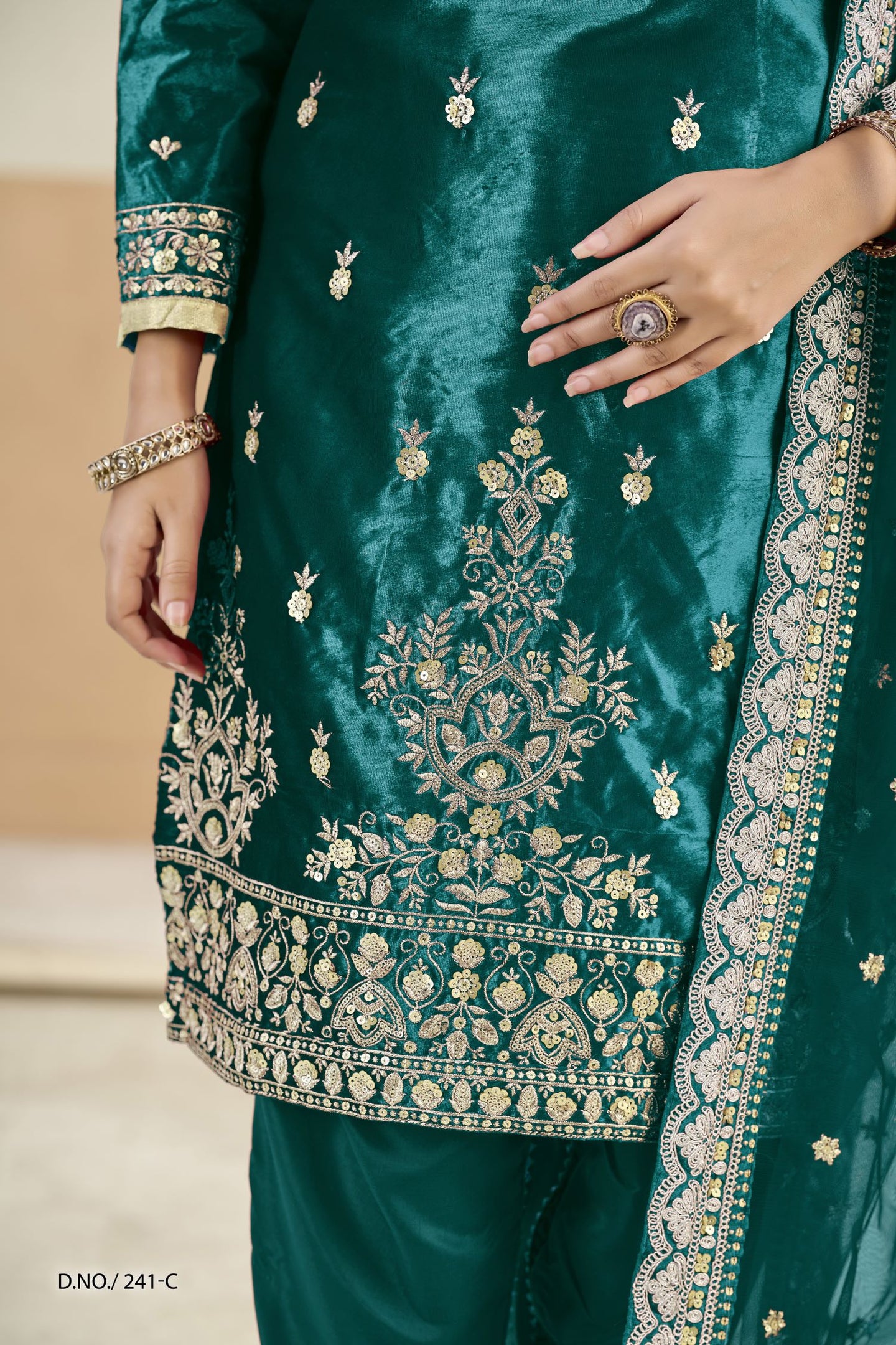 Teal Velvet Suit Women with Zari and Sequins Work